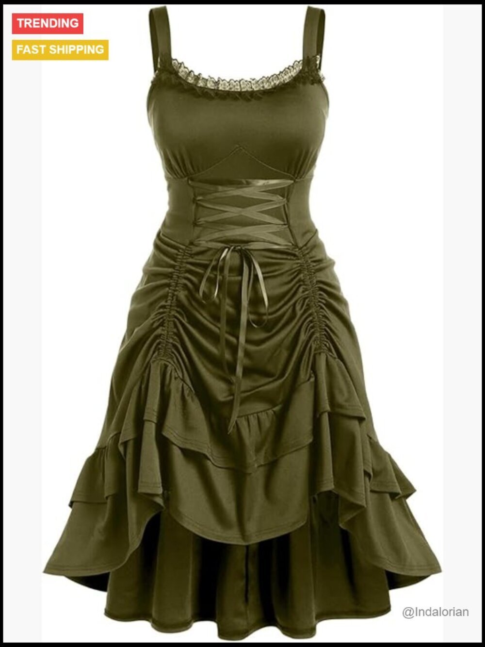 Plus Size Gothic Lace Trim Lace-up Ruffled Cinched Ruched High Low Midi Dress